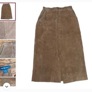 Ralph Lauren brown button leather front straight midi skirt